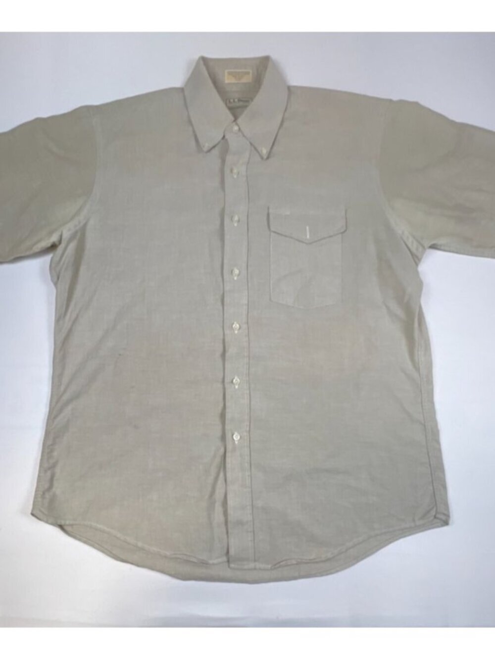 Vintage L.L. Bean Men 16.5 L Beige Made in USA Short Sleeve Oxford Button Down
